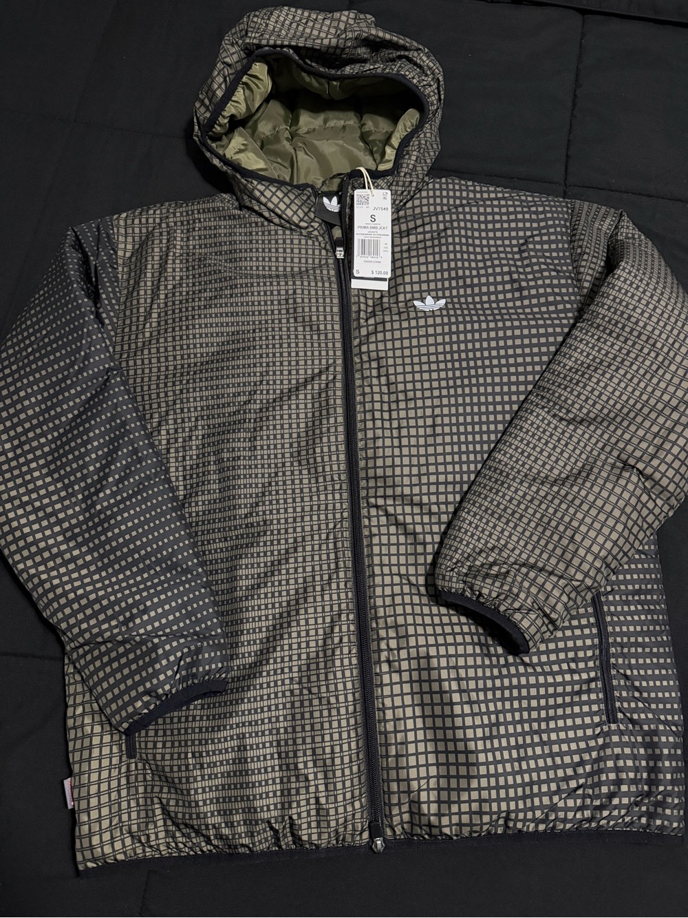 adidas Men's Hooded Puffer Jacket in Olive Green and Black Grid